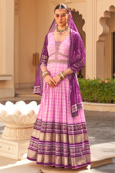 Exclusive latest purple designer Gown in pure pv silk and foil print with net dupatta detailed embroidery, hand and mirror work